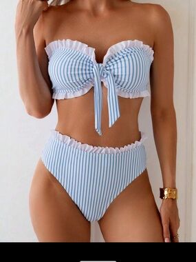 Striped Ruffle Bandeau Bikini Set - Light Blue
